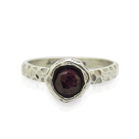 Ring - Garnet Ring Set In Hammered Sterling Silver, Stacking Ring