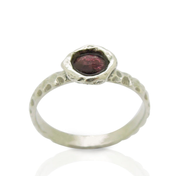 Ring - Garnet Ring Set In Hammered Sterling Silver, Stacking Ring