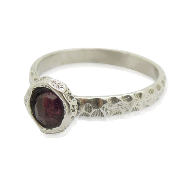 Ring - Garnet Ring Set In Hammered Sterling Silver, Stacking Ring