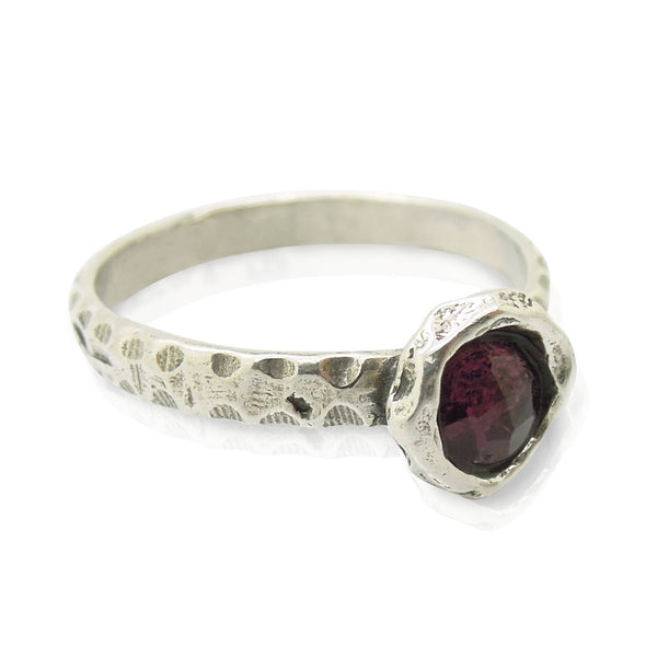Ring - Garnet Ring Set In Hammered Sterling Silver, Stacking Ring