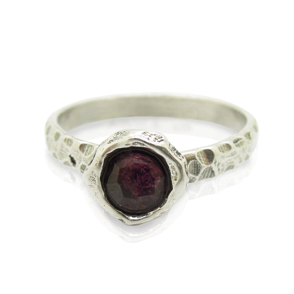 Ring - Garnet Ring Set In Hammered Sterling Silver, Stacking Ring
