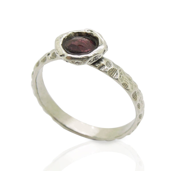 Ring - Garnet Ring Set In Hammered Sterling Silver, Stacking Ring