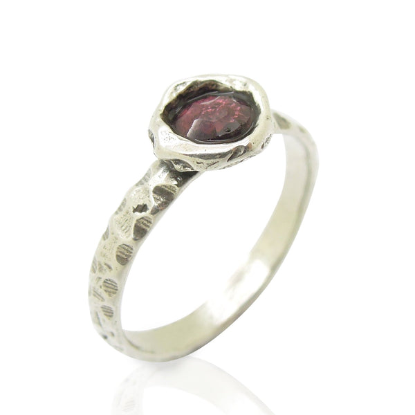 Ring - Garnet Ring Set In Hammered Sterling Silver, Stacking Ring