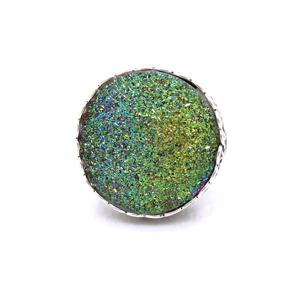 Ring - Green Druzy Agate Set In A Large Filigree Silver Ring