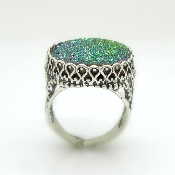 Ring - Green Druzy Agate Set In A Large Filigree Silver Ring