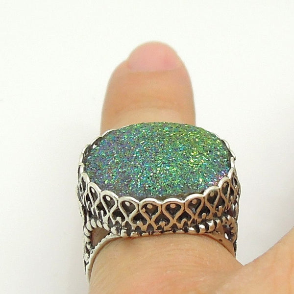 Ring - Green Druzy Agate Set In A Large Filigree Silver Ring