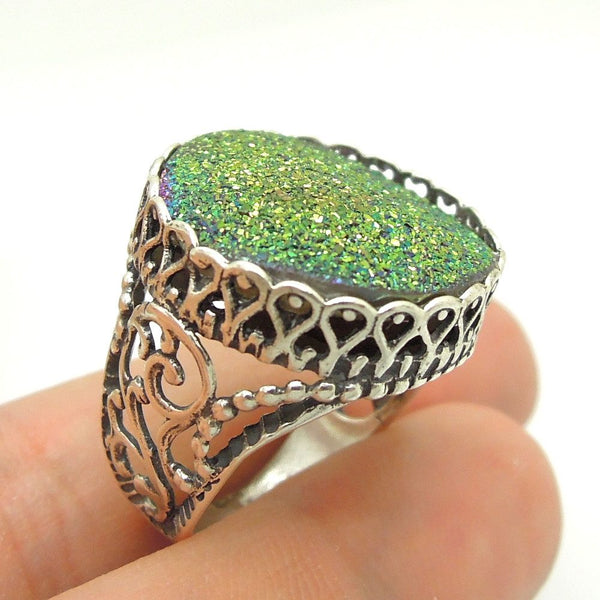 Ring - Green Druzy Agate Set In A Large Filigree Silver Ring