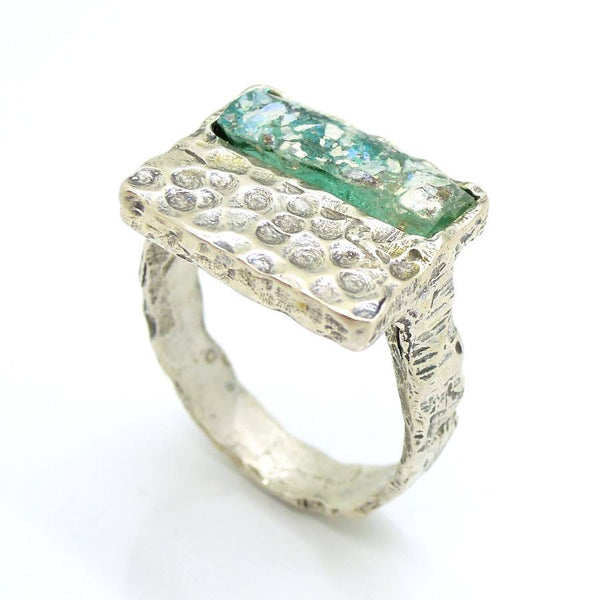 Ring - Hammered Silver Ring With Roman Glass