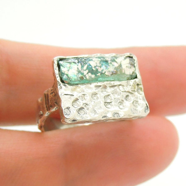 Ring - Hammered Silver Ring With Roman Glass
