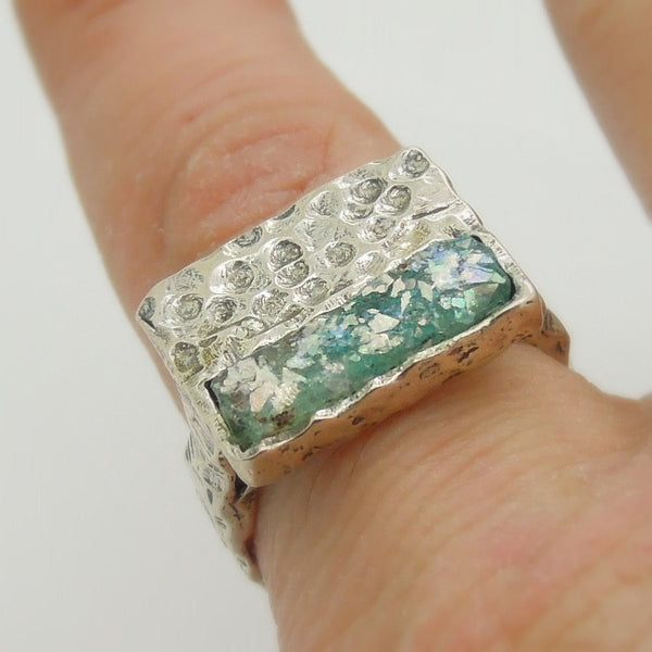 Ring - Hammered Silver Ring With Roman Glass