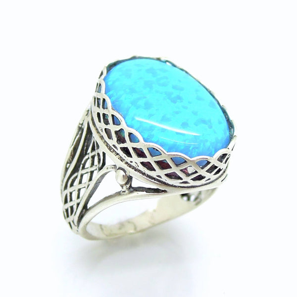 Ring - Large Opal Silver Ring Filigree Design