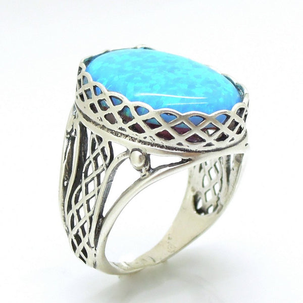 Ring - Large Opal Silver Ring Filigree Design