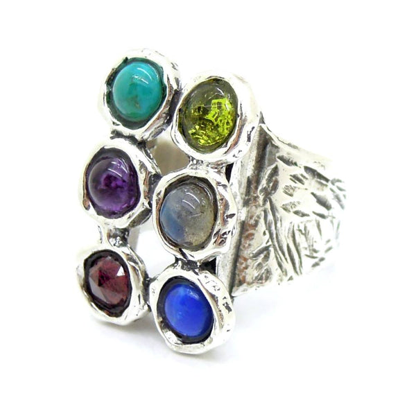 Ring - Large Rectangle Silver Ring With Gemstones