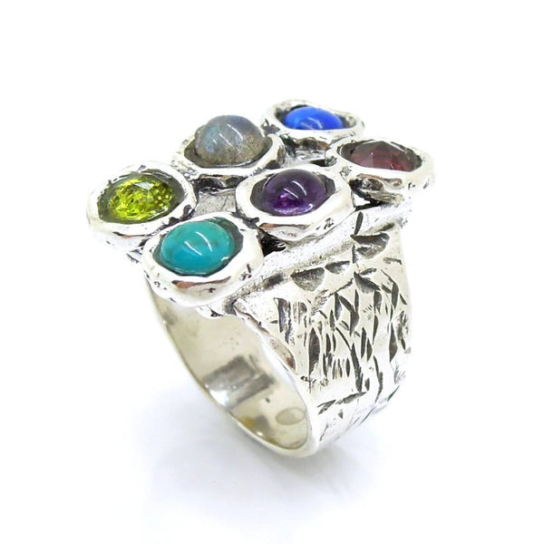 Ring - Large Rectangle Silver Ring With Gemstones
