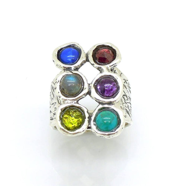 Ring - Large Rectangle Silver Ring With Gemstones