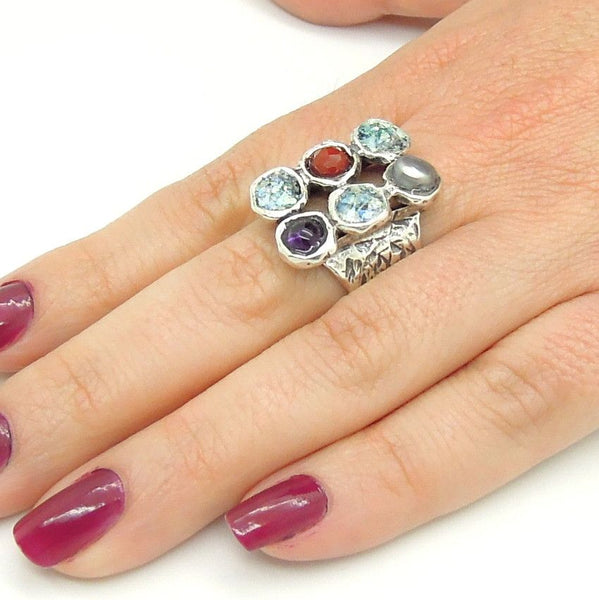 Ring - Large Rectangle Silver Ring With Gemstones