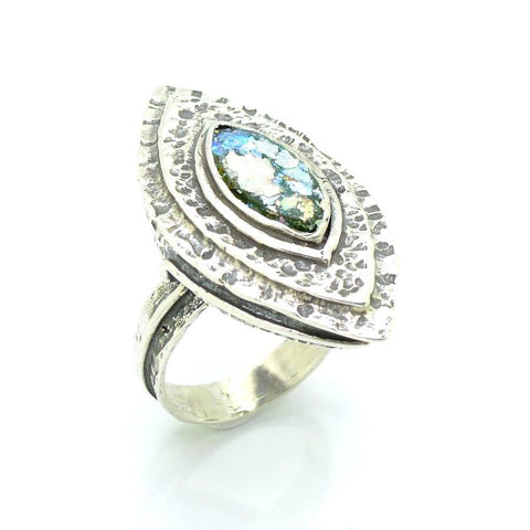 Ring - Large Silver & Roman Glass Ring Oval Shaped