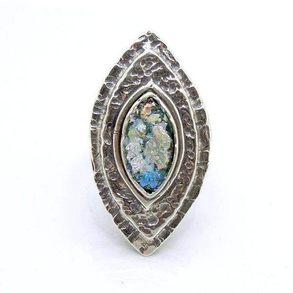 Ring - Large Silver & Roman Glass Ring Oval Shaped