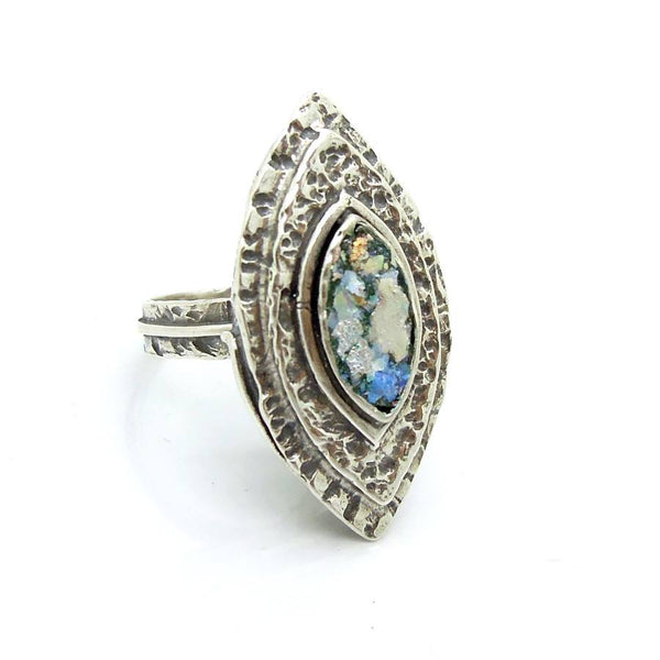 Ring - Large Silver & Roman Glass Ring Oval Shaped