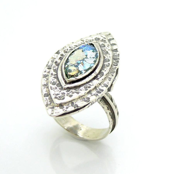 Ring - Large Silver & Roman Glass Ring Oval Shaped