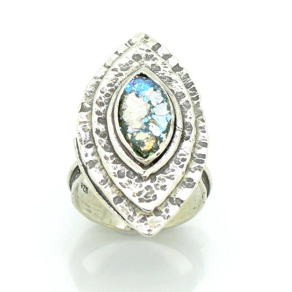 Ring - Large Silver & Roman Glass Ring Oval Shaped