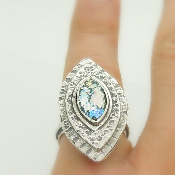 Ring - Large Silver & Roman Glass Ring Oval Shaped