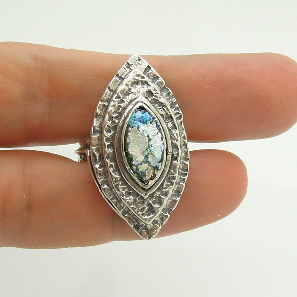 Ring - Large Silver & Roman Glass Ring Oval Shaped