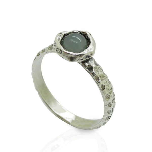 Ring - Moonstone Ring Set In Hammered Sterling Silver, Stacking Ring