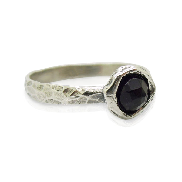Ring - Onyx Ring Set In Hammered Sterling Silver, Stacking Ring