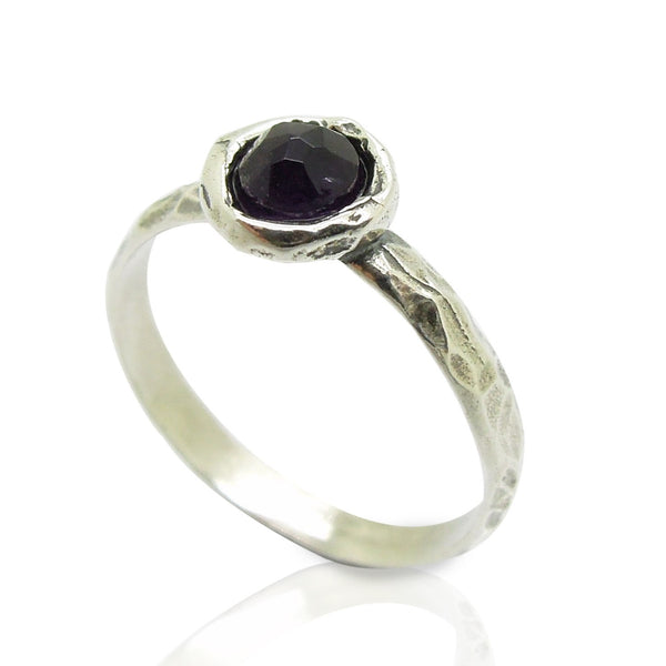 Ring - Onyx Ring Set In Hammered Sterling Silver, Stacking Ring