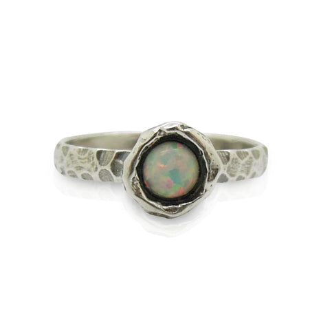 Ring - Opal Ring Set In Hammered Sterling Silver, Stacking Ring