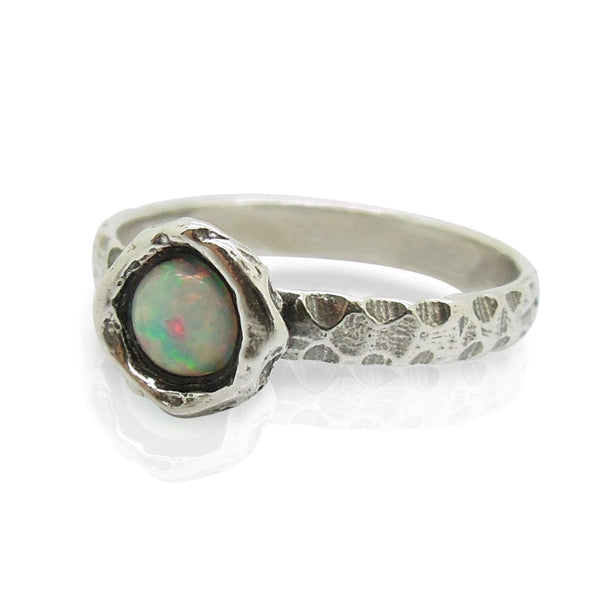 Ring - Opal Ring Set In Hammered Sterling Silver, Stacking Ring