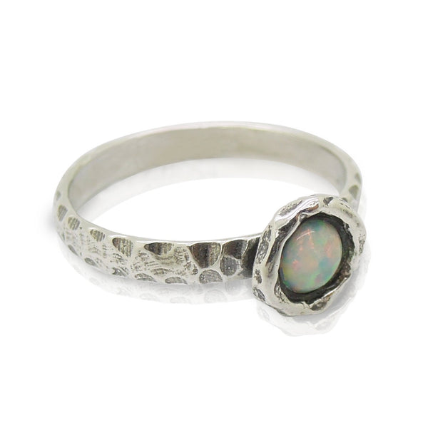 Ring - Opal Ring Set In Hammered Sterling Silver, Stacking Ring