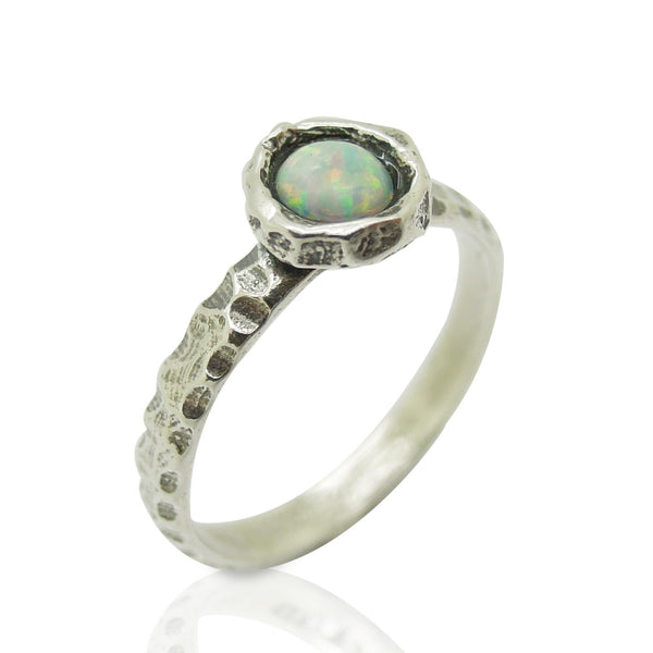 Ring - Opal Ring Set In Hammered Sterling Silver, Stacking Ring