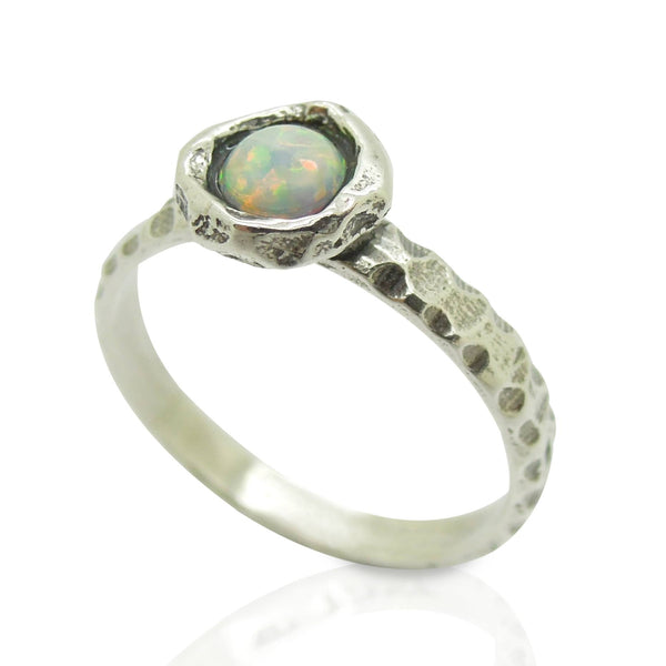 Ring - Opal Ring Set In Hammered Sterling Silver, Stacking Ring
