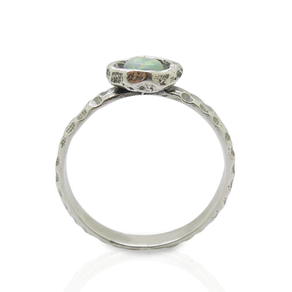 Ring - Opal Ring Set In Hammered Sterling Silver, Stacking Ring