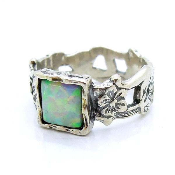 Ring - Opal Ring Set In Silver Flower Unique Design