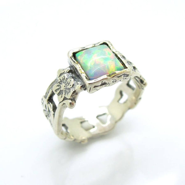 Ring - Opal Ring Set In Silver Flower Unique Design