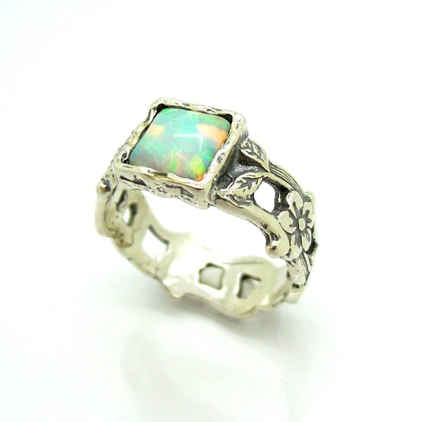 Ring - Opal Ring Set In Silver Flower Unique Design