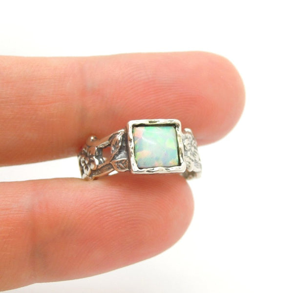 Ring - Opal Ring Set In Silver Flower Unique Design
