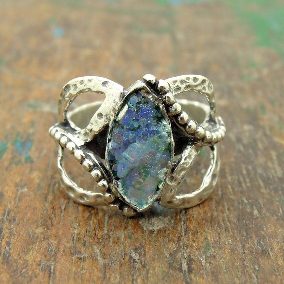 Ring - Oval Roman Glass Ring Set In A Oval Hammered Silver Ring
