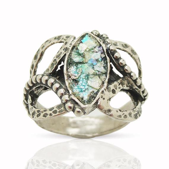 Ring - Oval Roman Glass Ring Set In A Oval Hammered Silver Ring