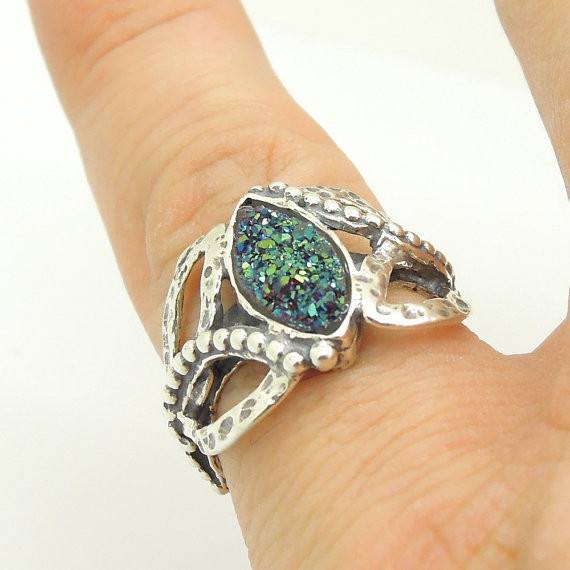 Ring - Oval Roman Glass Ring Set In A Oval Hammered Silver Ring