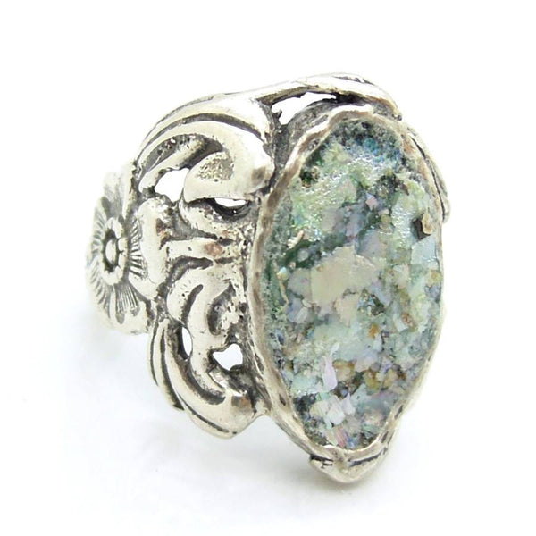 Ring - Oval Silver Ring With Flower With Roman Glass And Flower Design