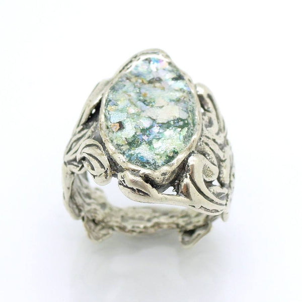 Ring - Oval Silver Ring With Flower With Roman Glass And Flower Design