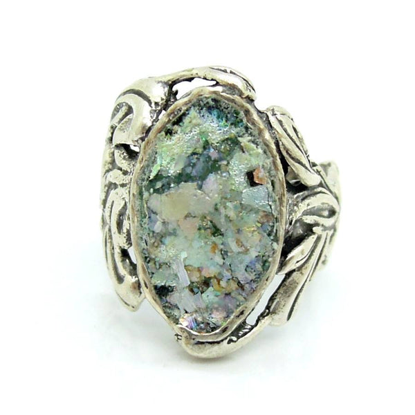 Ring - Oval Silver Ring With Flower With Roman Glass And Flower Design