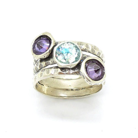 Ring - Purple CZ Silver Gemstone Ring With Roman Glass