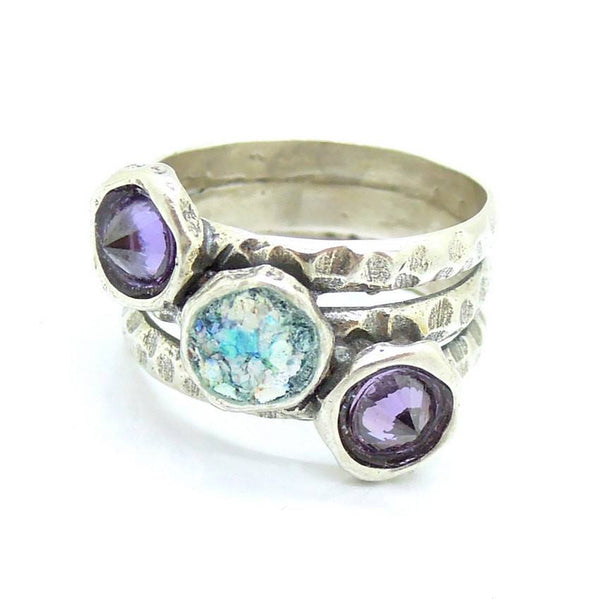Ring - Purple CZ Silver Gemstone Ring With Roman Glass