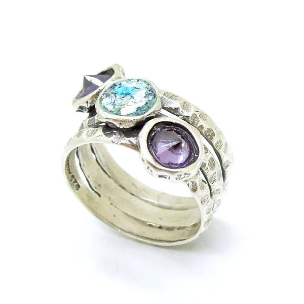 Ring - Purple CZ Silver Gemstone Ring With Roman Glass