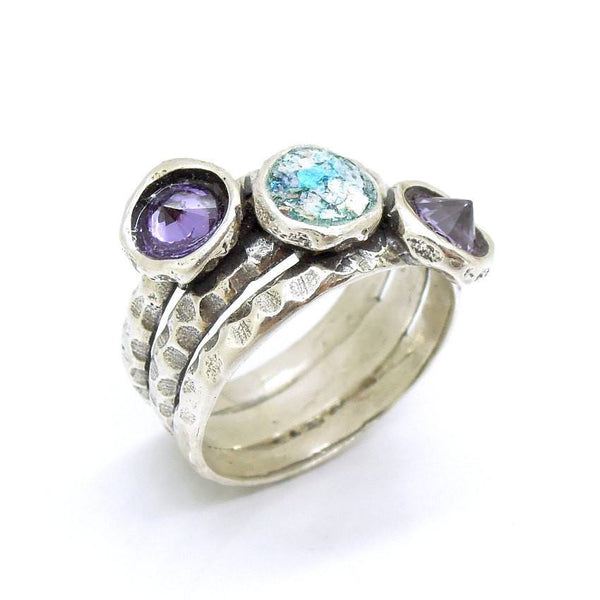Ring - Purple CZ Silver Gemstone Ring With Roman Glass